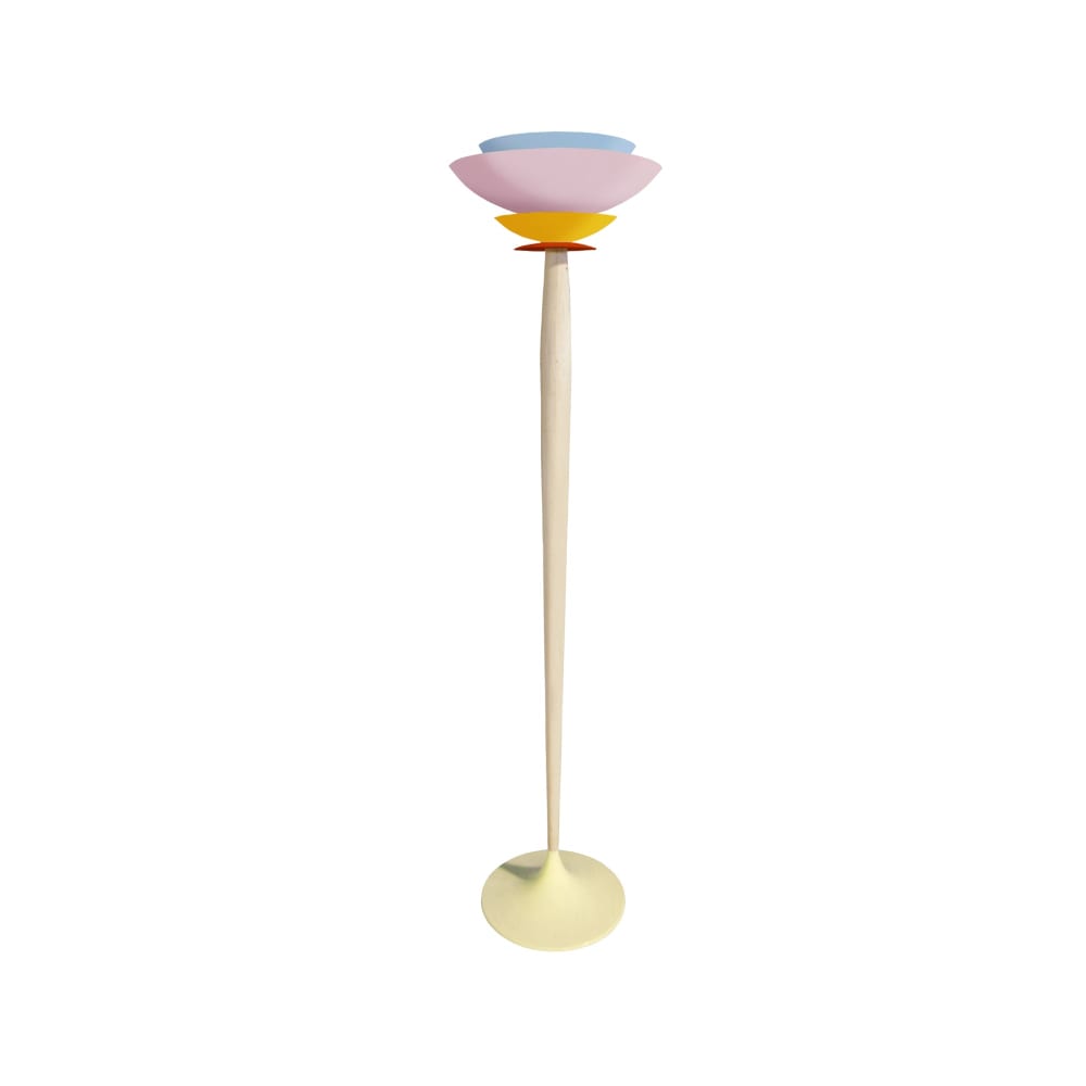 Lampadaire bois naturel métal beige abat-jour multicolore