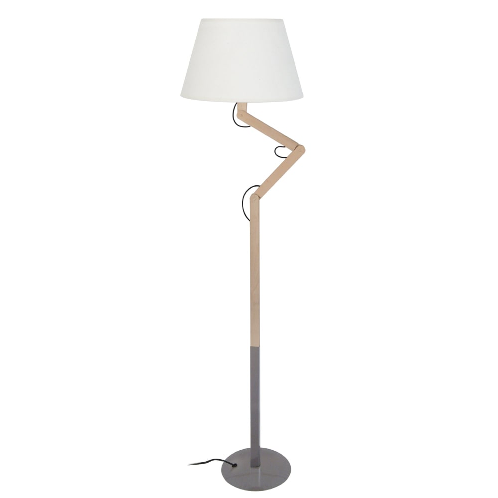 Lampadaire articulé bois naturel  et métal abat-jour tissu blanc