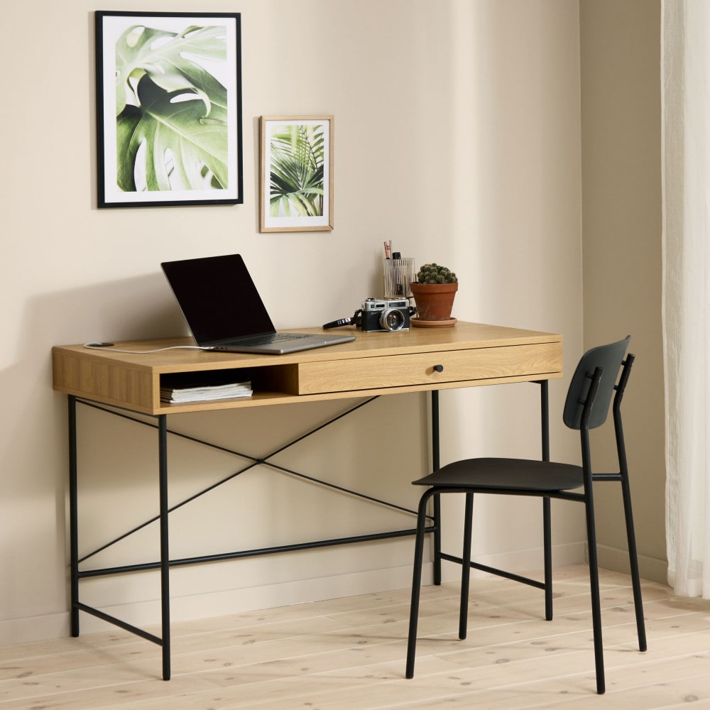 Bureau 1 tiroir 1 niche en bois et métal L120cm - Bois clair