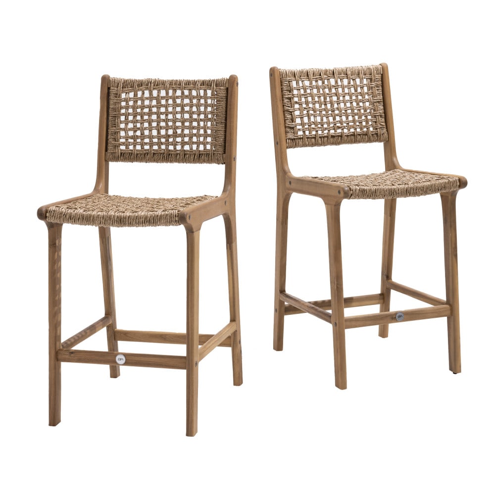 Lot de 2 tabourets de bar en bois d'acacia et résine tressée H76cm