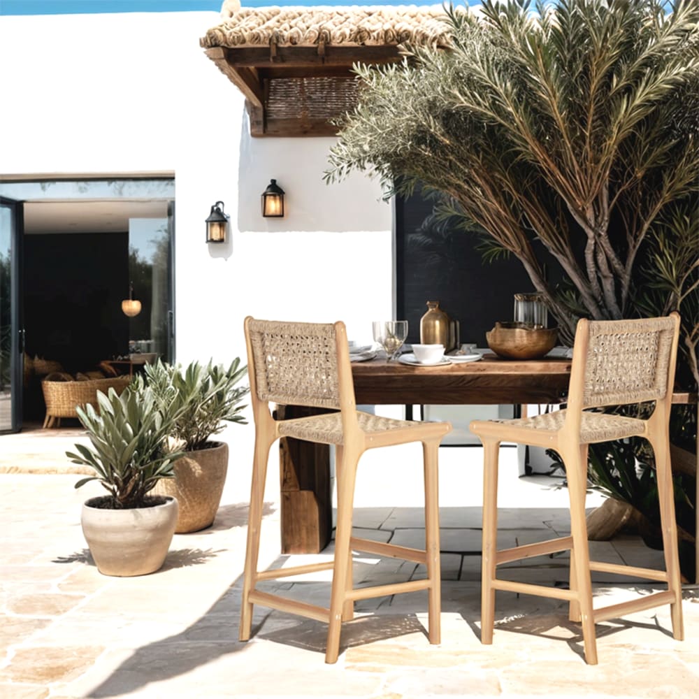 Lot de 2 tabourets de bar en bois d'acacia et résine tressée h76cm - Maisons du Monde