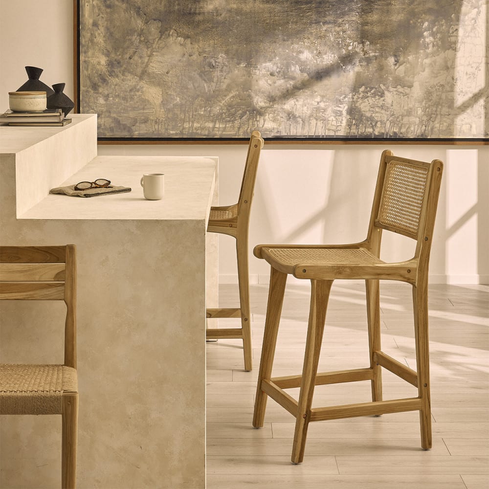 Lot de 2 tabourets de bar en teck et cannage h65cm - bois clair - Maisons du Monde