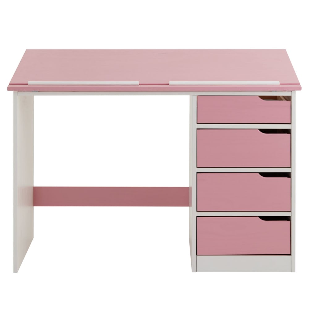 Bureau enfant avec plateau inclinable en bois massif, blanc/rose