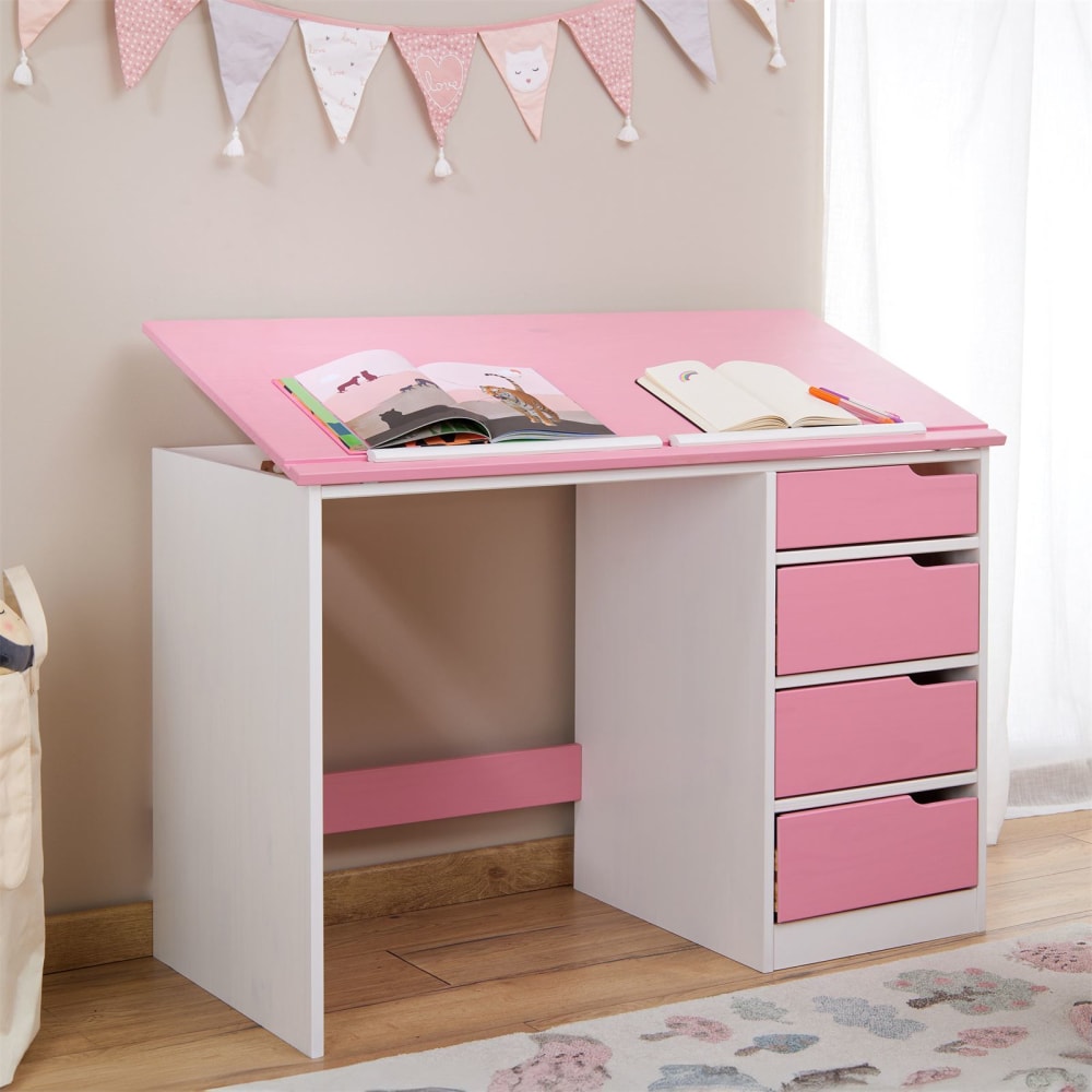 Bureau enfant avec plateau inclinable en bois massif, blanc/rose