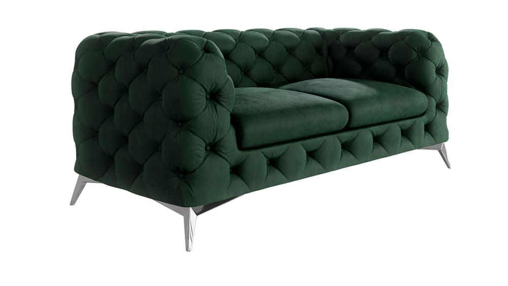 Canapé Chesterfield 2 places en velours, pieds en métal, vert