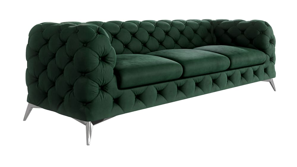 Canapé Chesterfield 3 places en velours, pieds en métal, vert