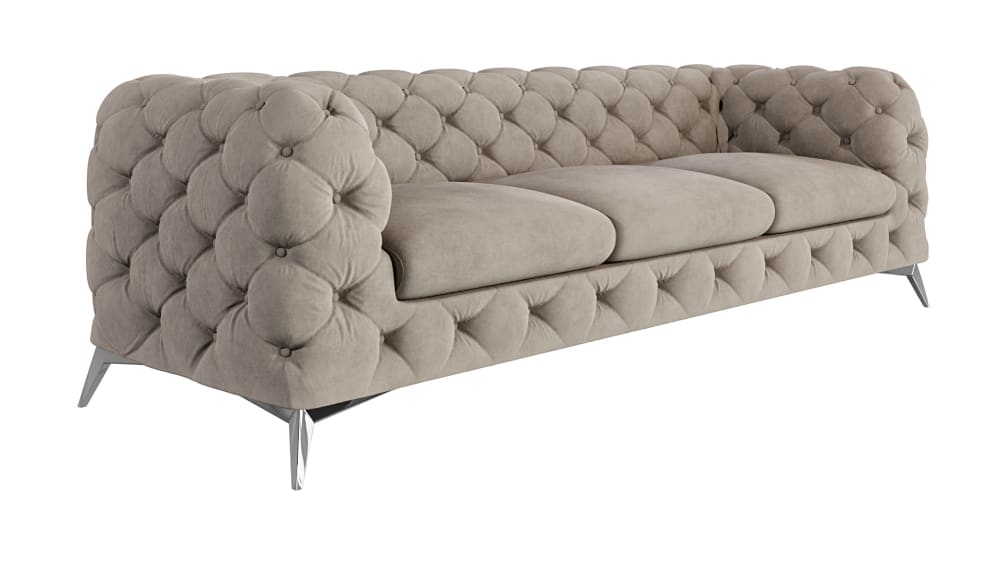 Canapé Chesterfield 3 places en velours, pieds en métal, crème foncée