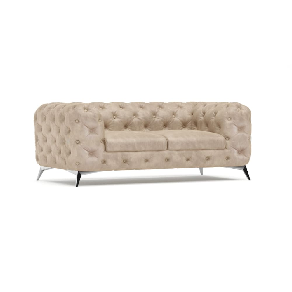 Canapé Chesterfield 2 places en velours beige avec pieds argentés