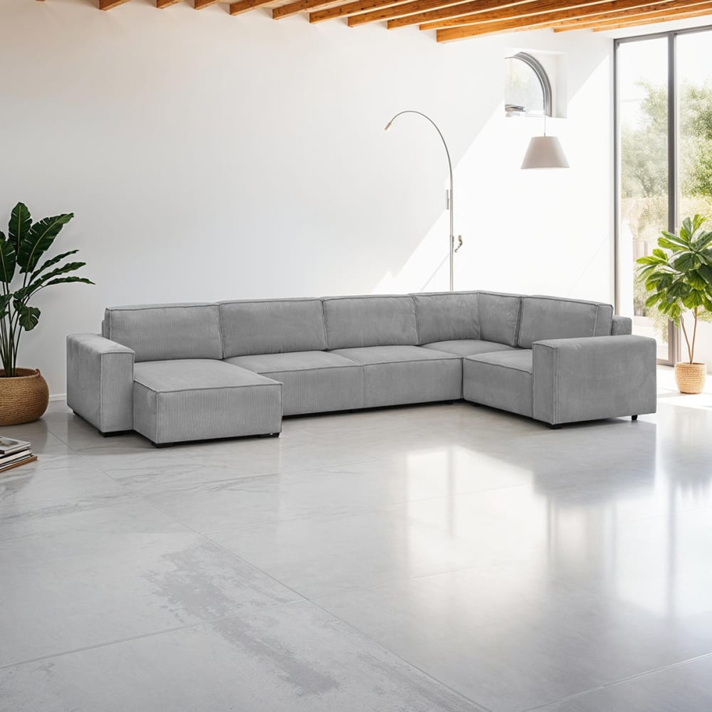 Canapé d'angle à droite convertible 8 places en velours côtelé gris