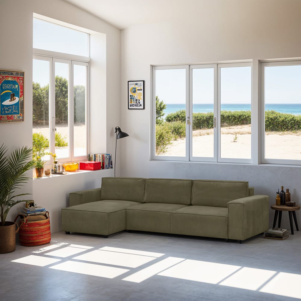 Homifab Canapé d'angle modulable 5 places en velours côtelé vert kaki style contemporain Certifié Oeko-Tex
