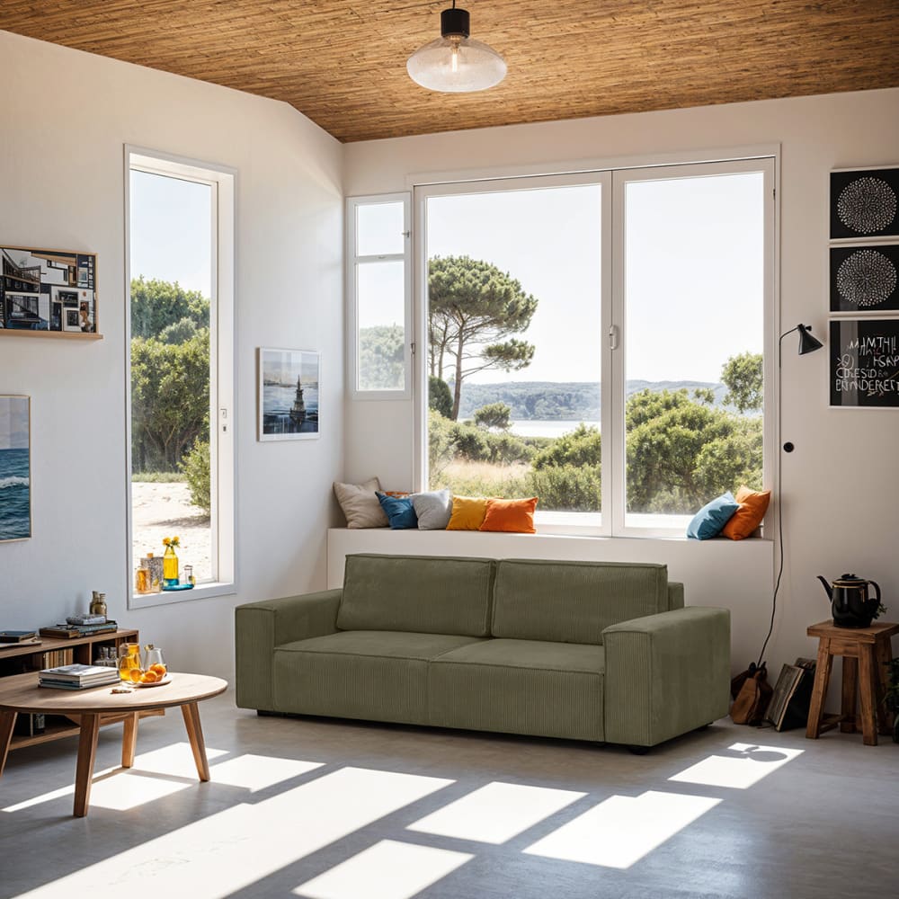 Canapé modulable 3 places en velours côtelé vert kaki - Maisons du Monde
