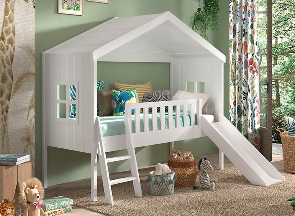 Lit cabane mi-hauteur 90x200 avec 2 fenêtres et toboggan Blanc - Maisons du Monde