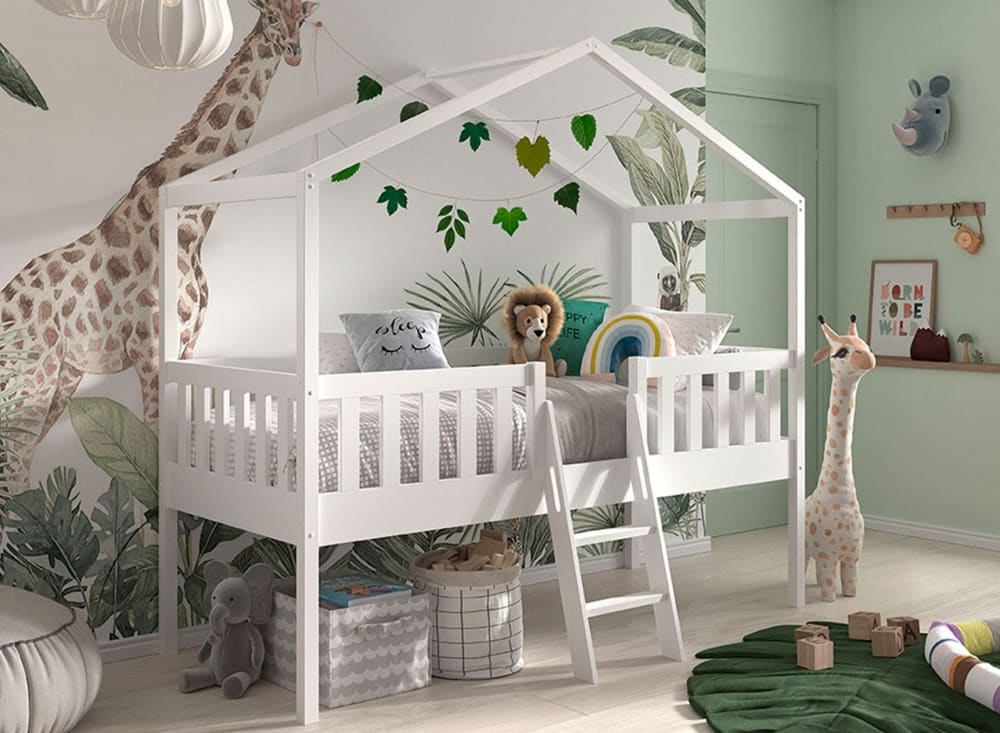 Lit cabane mi-hauteur 90x200 en pin massif Blanc - Maisons du Monde