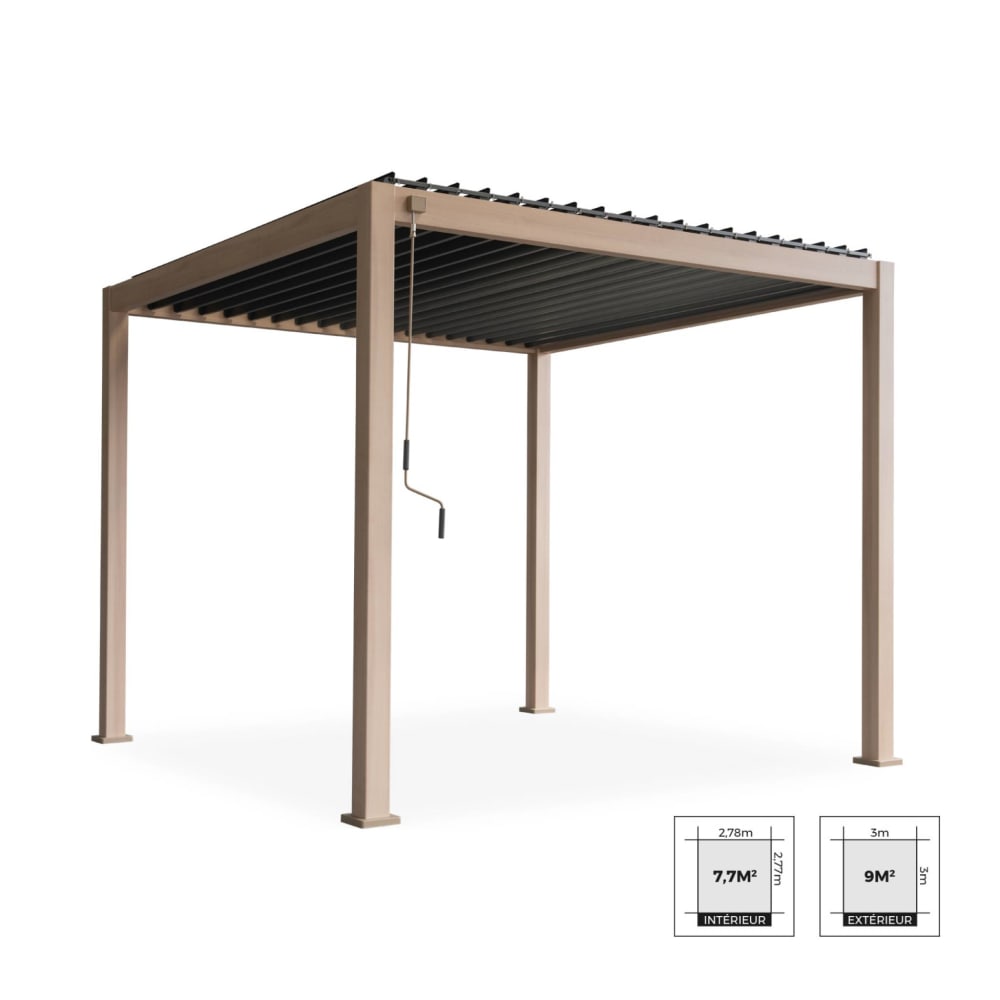 Pergola bioclimatique aluminium et acier 3x3m bois