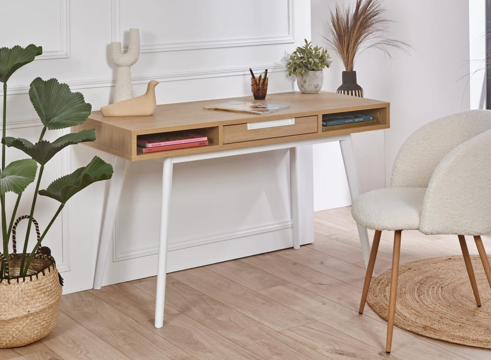 Bureau en bois 1 tiroir Blanc et Chêne - Maisons du Monde