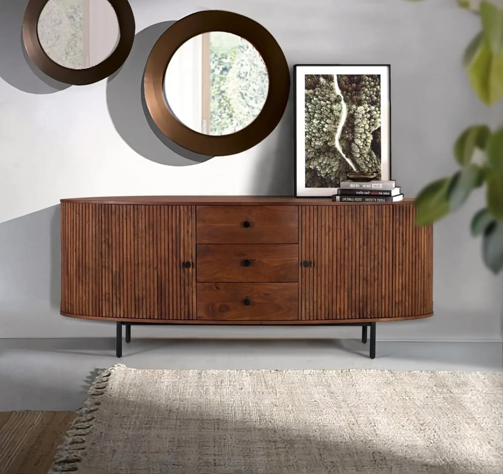 Buffet avec 2 portes et 3 tiroirs en bois d'acacia et pieds en métal - Maisons du Monde
