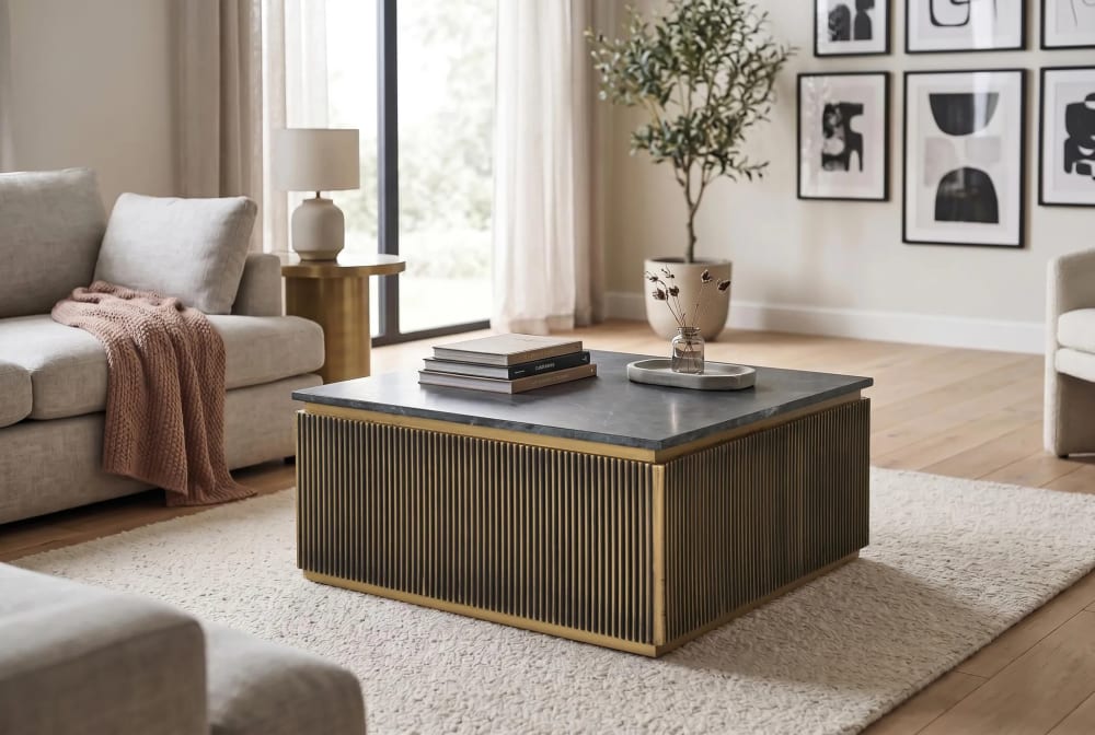 Table basse en bois recouverte de bronze et plateau en marbre - Maisons du Monde