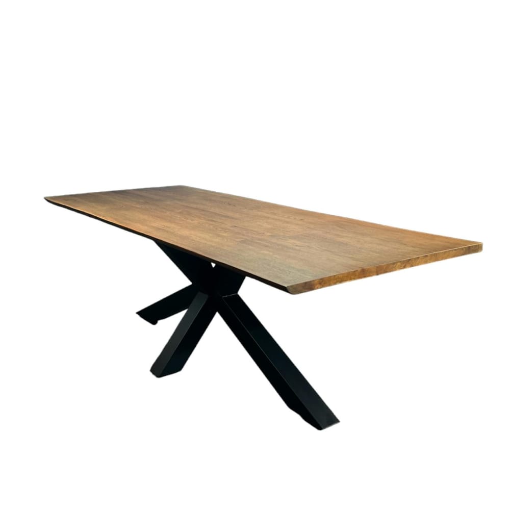 Table à manger bords naturels en chêne massif brun pied mikado L240cm
