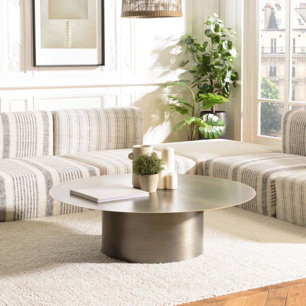 Table basse ronde en fer noir et bordure dorée D120