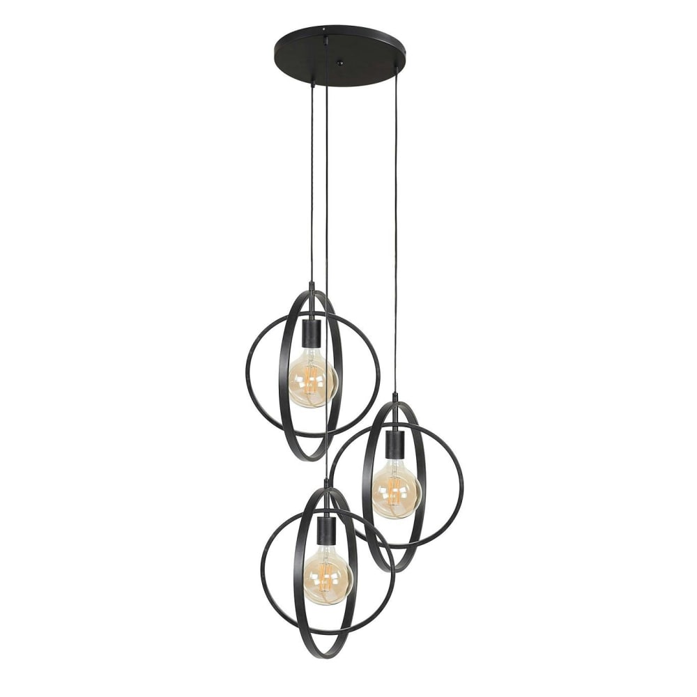 Suspension industrielle 3 lampes forme anneau en métal gris vieilli