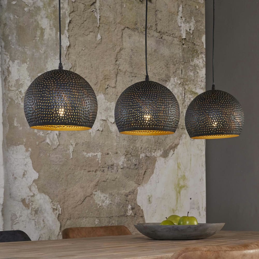 Suspension 3 abat-jours en métal gris vieilli perforé l110cm — vue 3