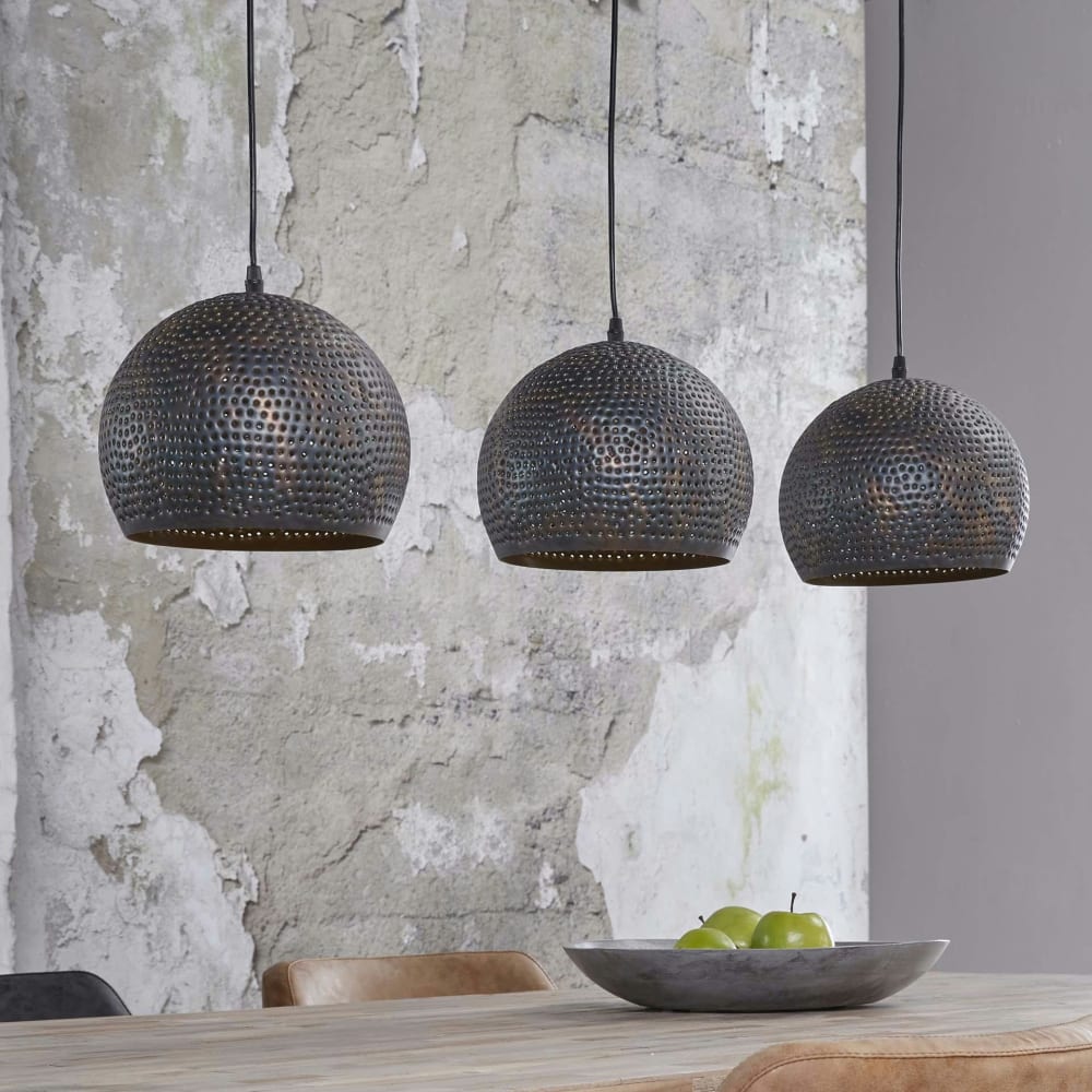 Suspension 3 abat-jours en métal gris vieilli perforé l110cm — vue 4