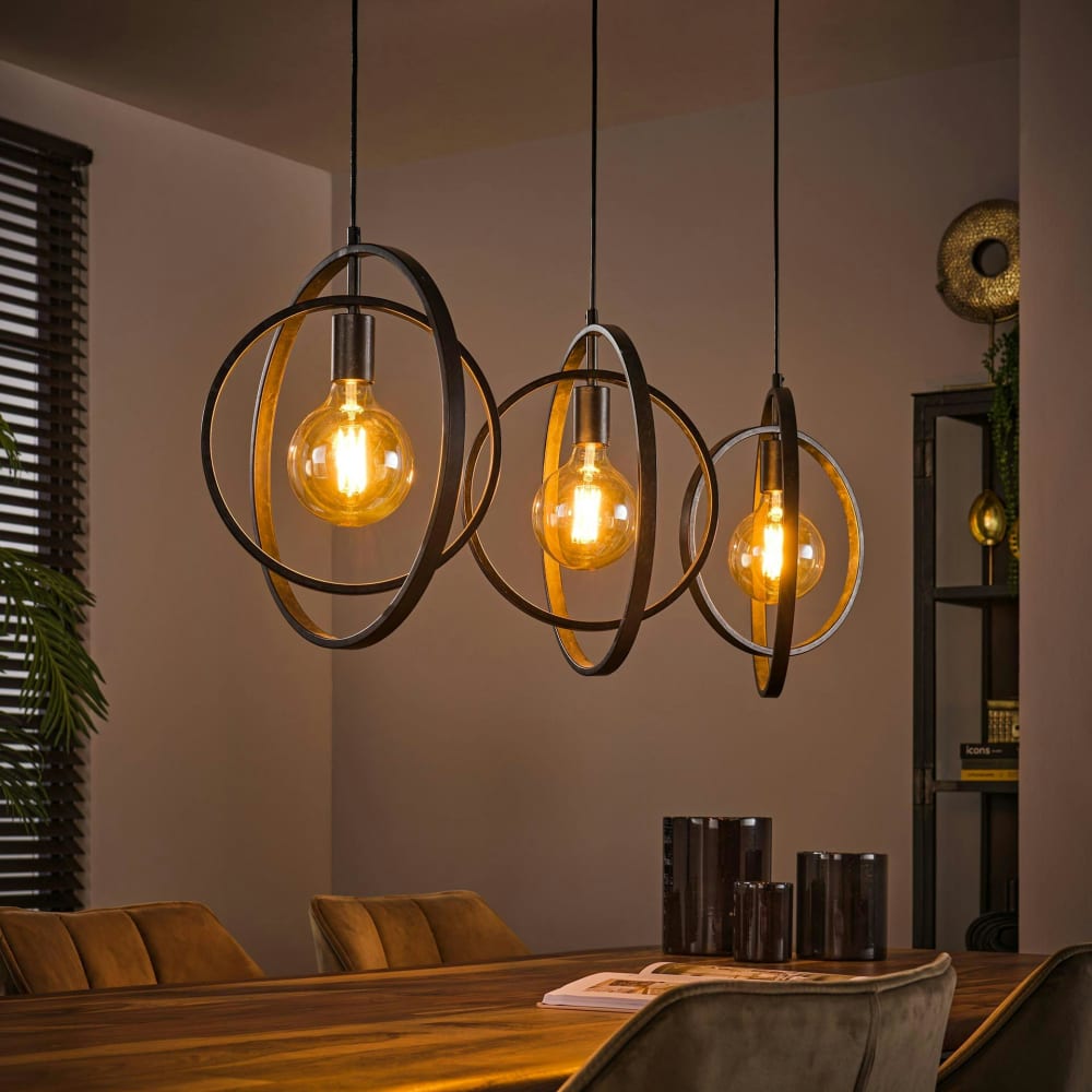 Suspension industrielle 3 lampes en métal gris vieilli L130cm