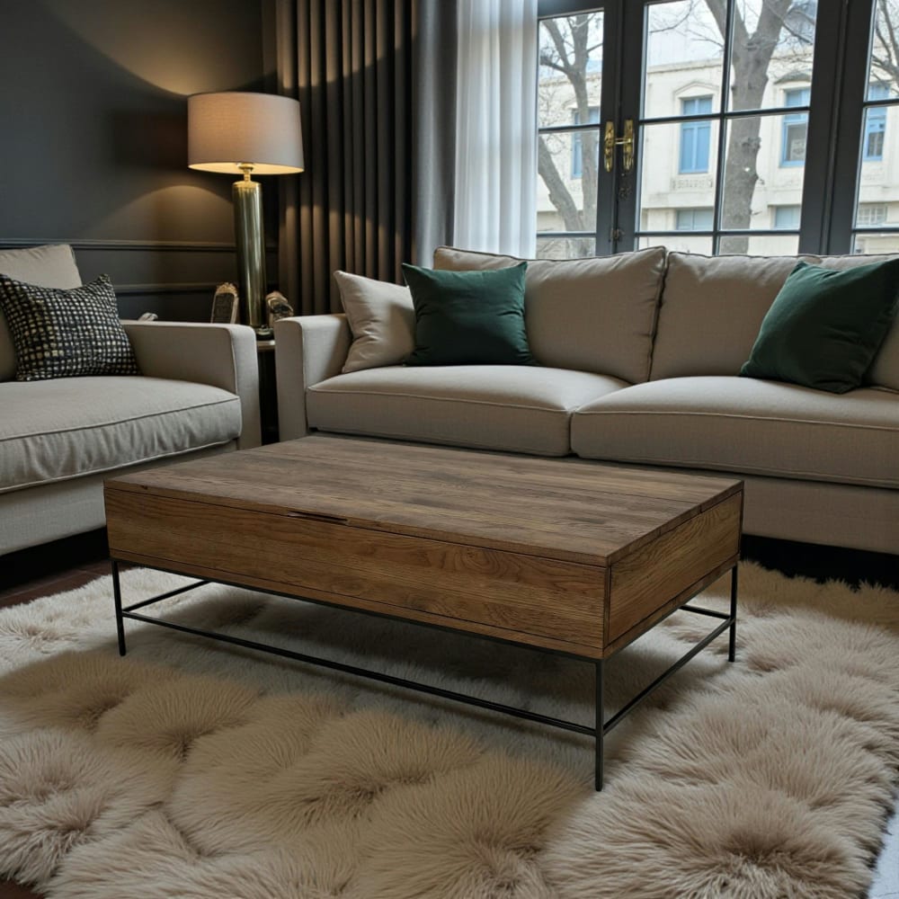 Table basse avec plateau relevable en chêne massif brun 122x71cm