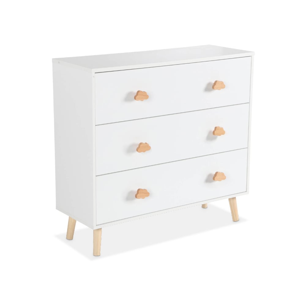 Commode enfant, 3 tiroirs avec poignée nuage, blanche