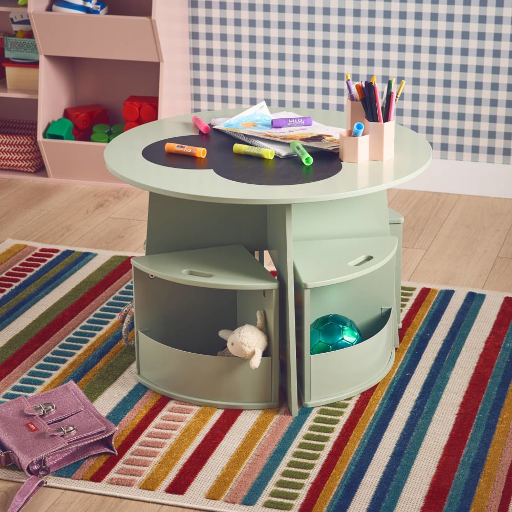 Table avec ardoise et 4 chaises avec rangement pour enfant