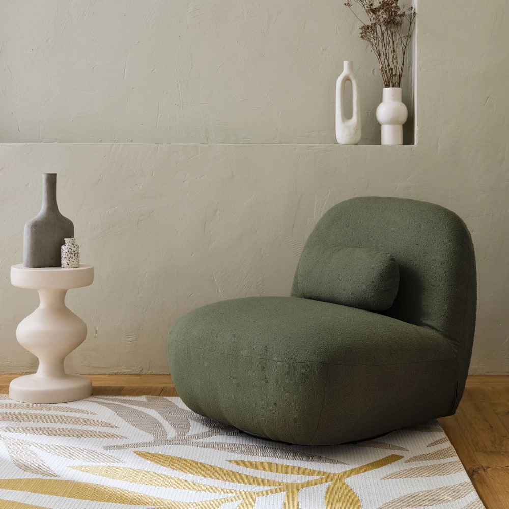 Fauteuil pivotant, bouclette texturée vert kaki foncé