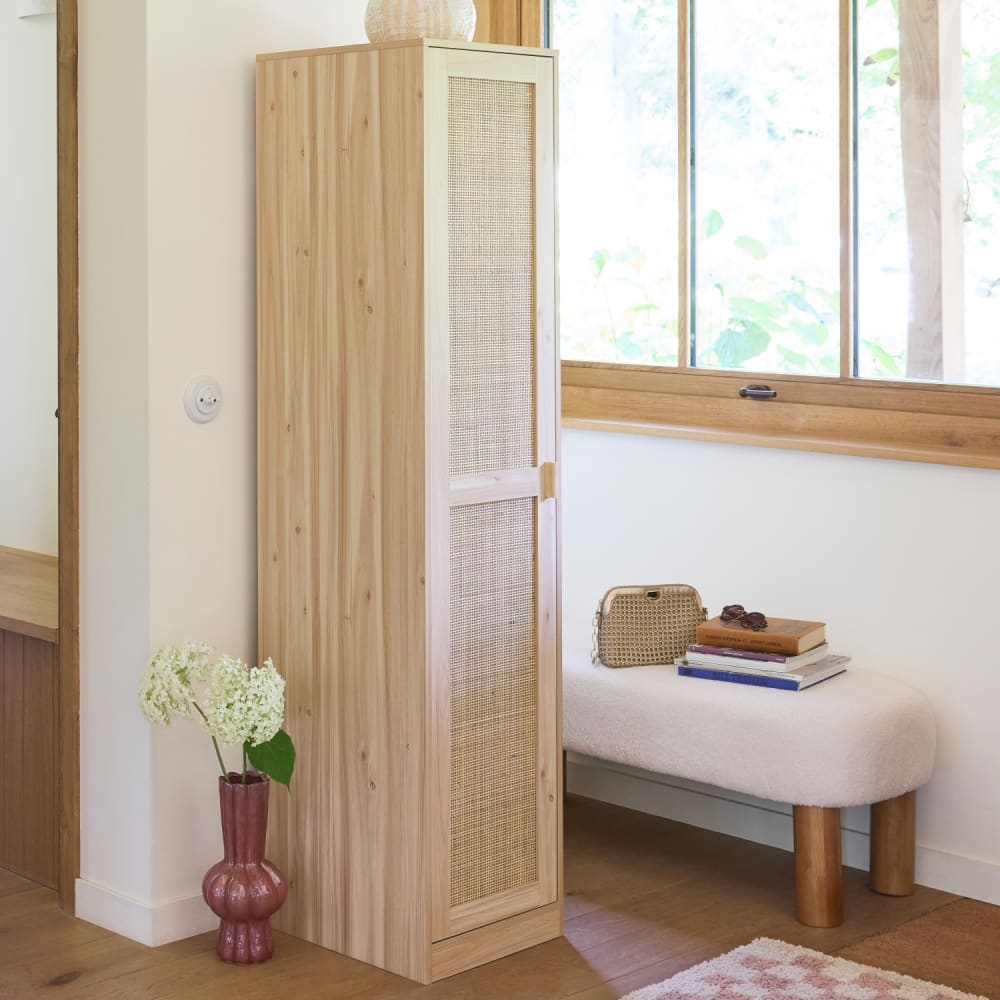 sweeek Kleiderschrank mit Rattan-Geflecht und Holzdekor B 40 cm style vintage Beige Spanplatte