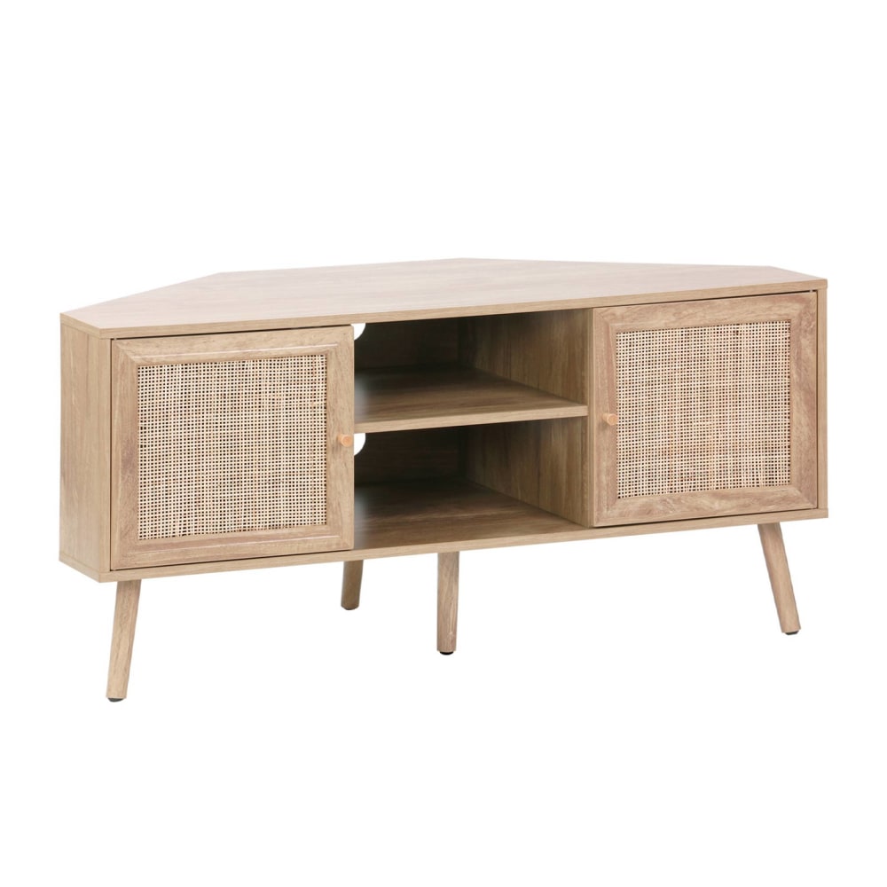 Meuble tv d'angle en décor bois et cannage 2 portes