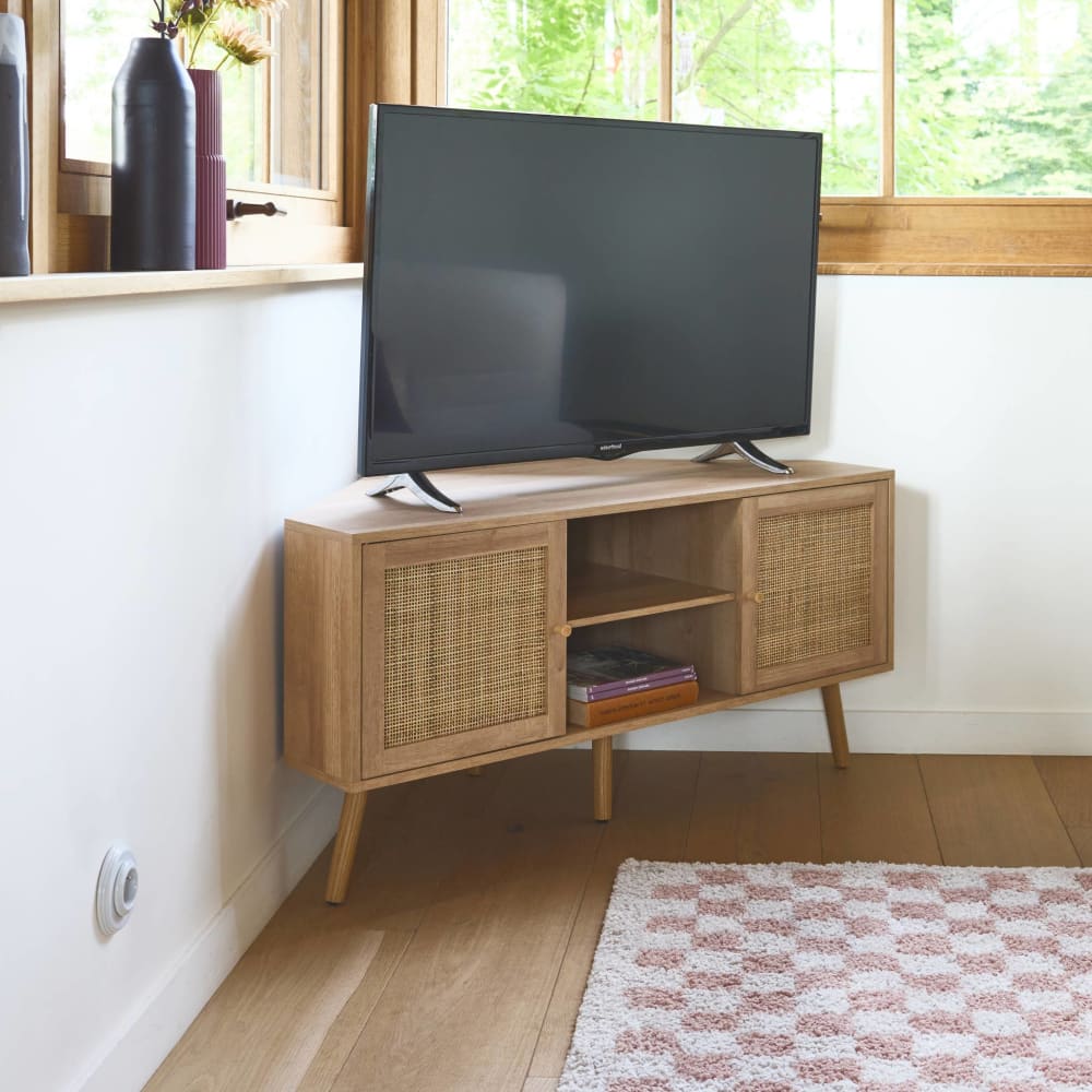 Meuble tv d'angle en décor bois et cannage 2 portes