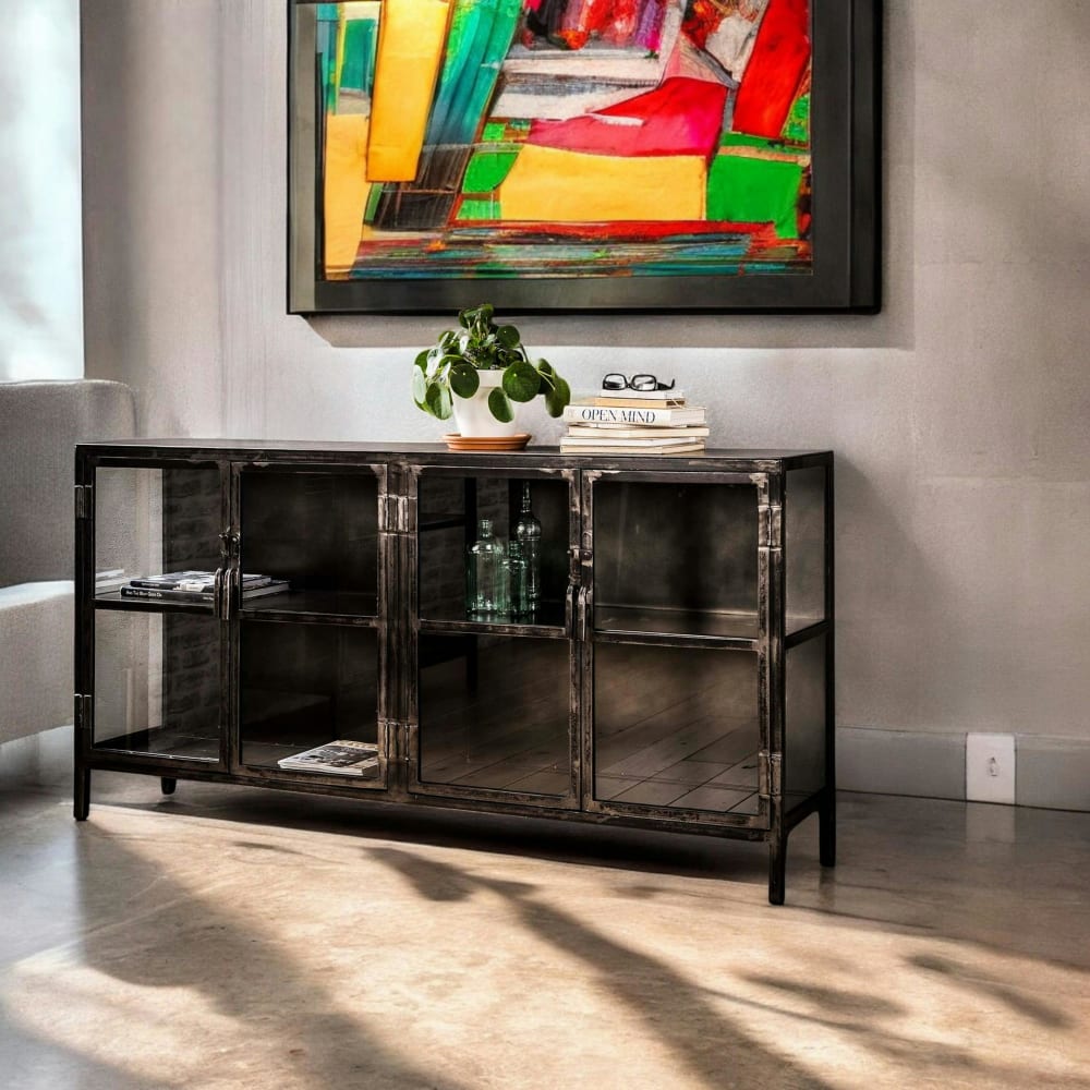 Buffet industriel vitré en métal vieilli et verre 4 portes L180cm
