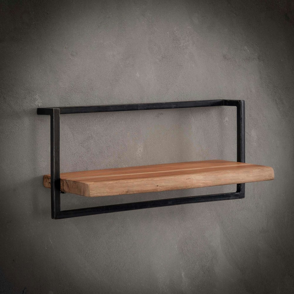 Etagère murale bord naturel en acacia massif cadre acier vieilli L65cm