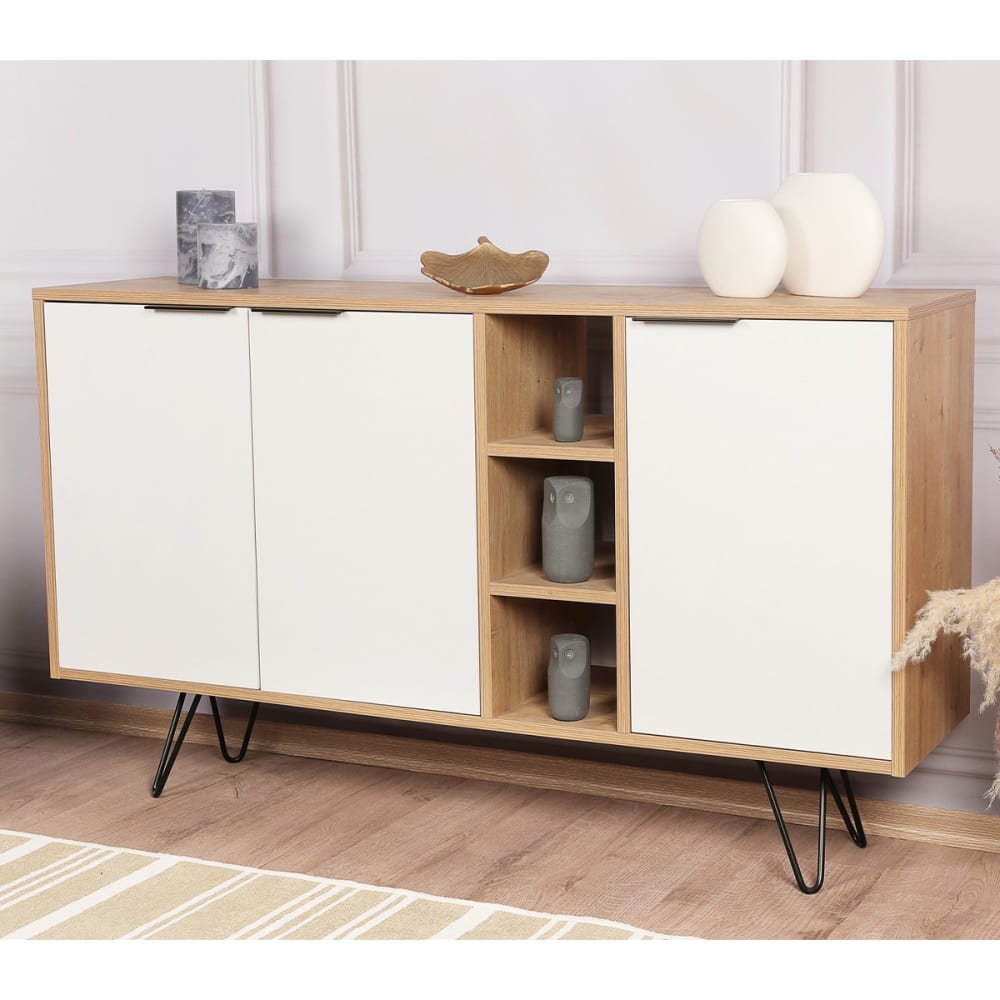 Buffet 3 niches et 3 portes - l142 cm - blanc et chêne - Maisons du Monde