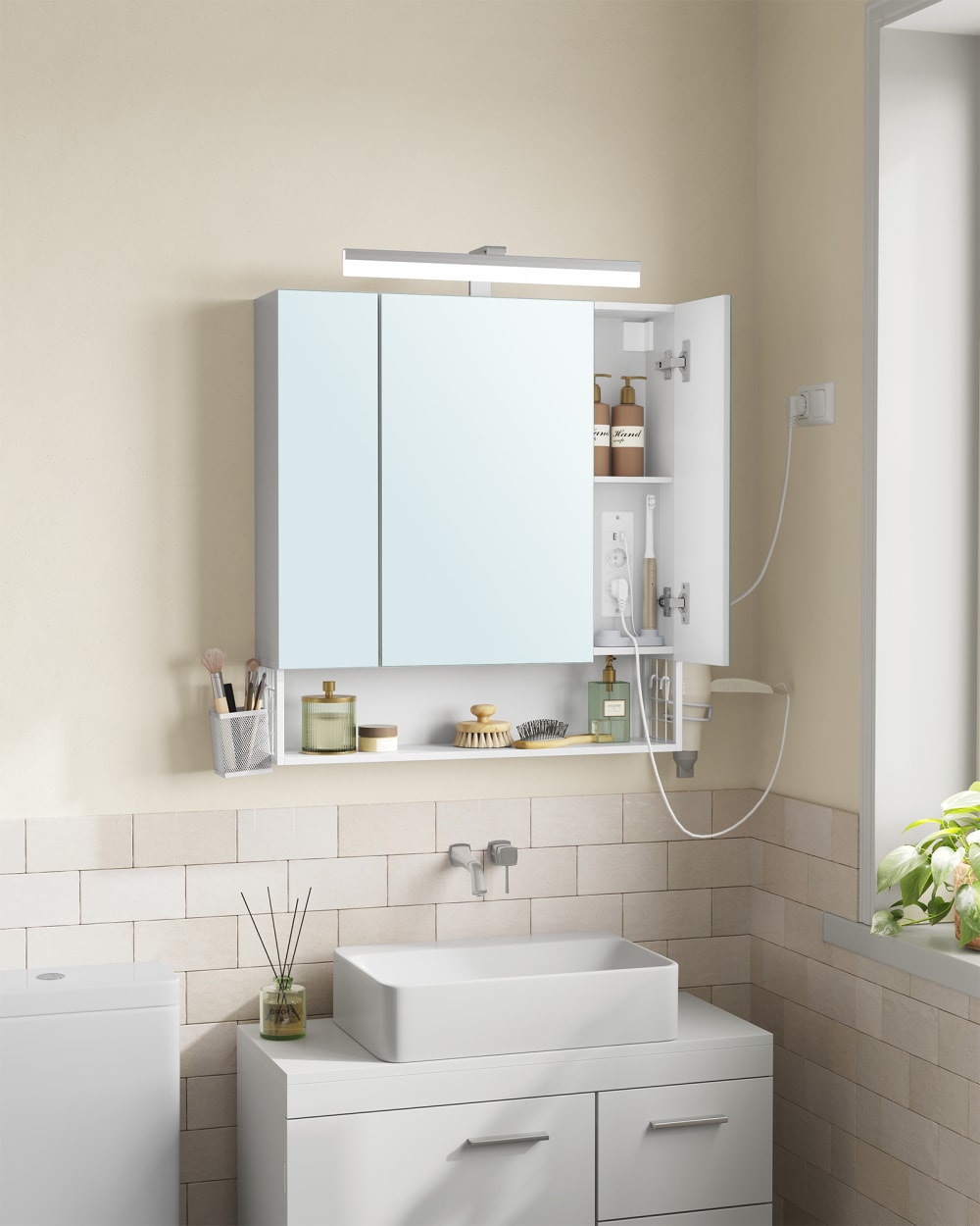 Armoire murale avec miroir support pour sèche-cheveux blanc nuage
