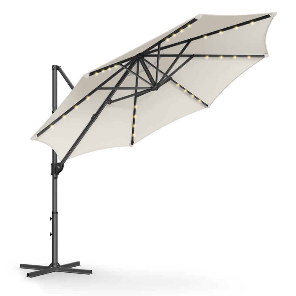 Parasol de jardin 300 cm 28 LED solaires pivotant à 360° blanc crème