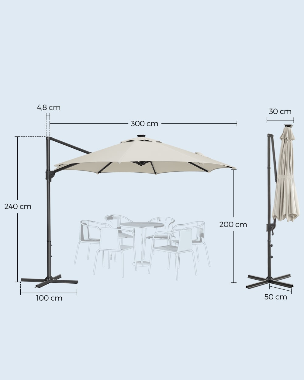 Parasol de jardin 300 cm 28 LED solaires pivotant à 360° blanc crème