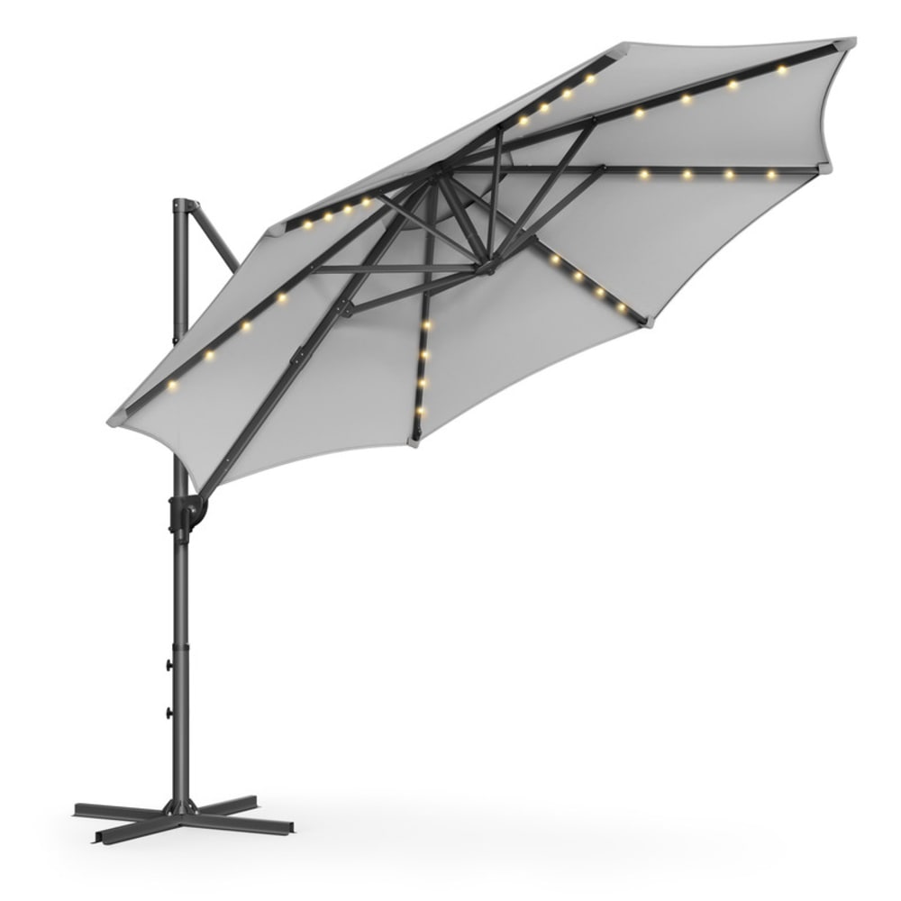 Parasol de jardin 300 cm 28 LED solaires pivotant à 360° gris