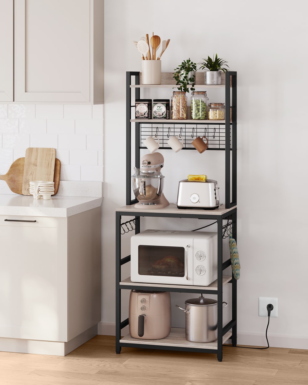 Étagère de cuisine avec multiprise effet bois grège et noir