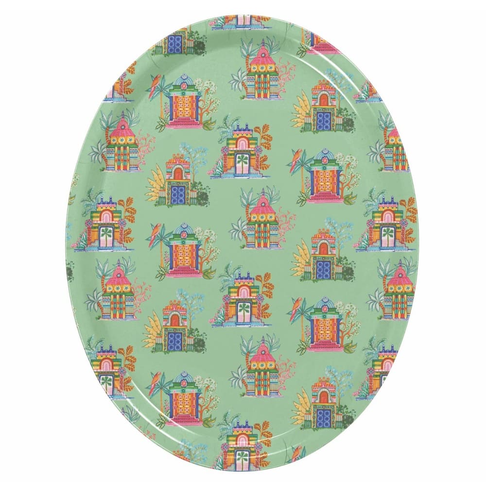 Vent de Bohème Plateau ovale 33x25 cm en feuilles de bois motif fleuri lagon style inspirations d'ailleurs Vert