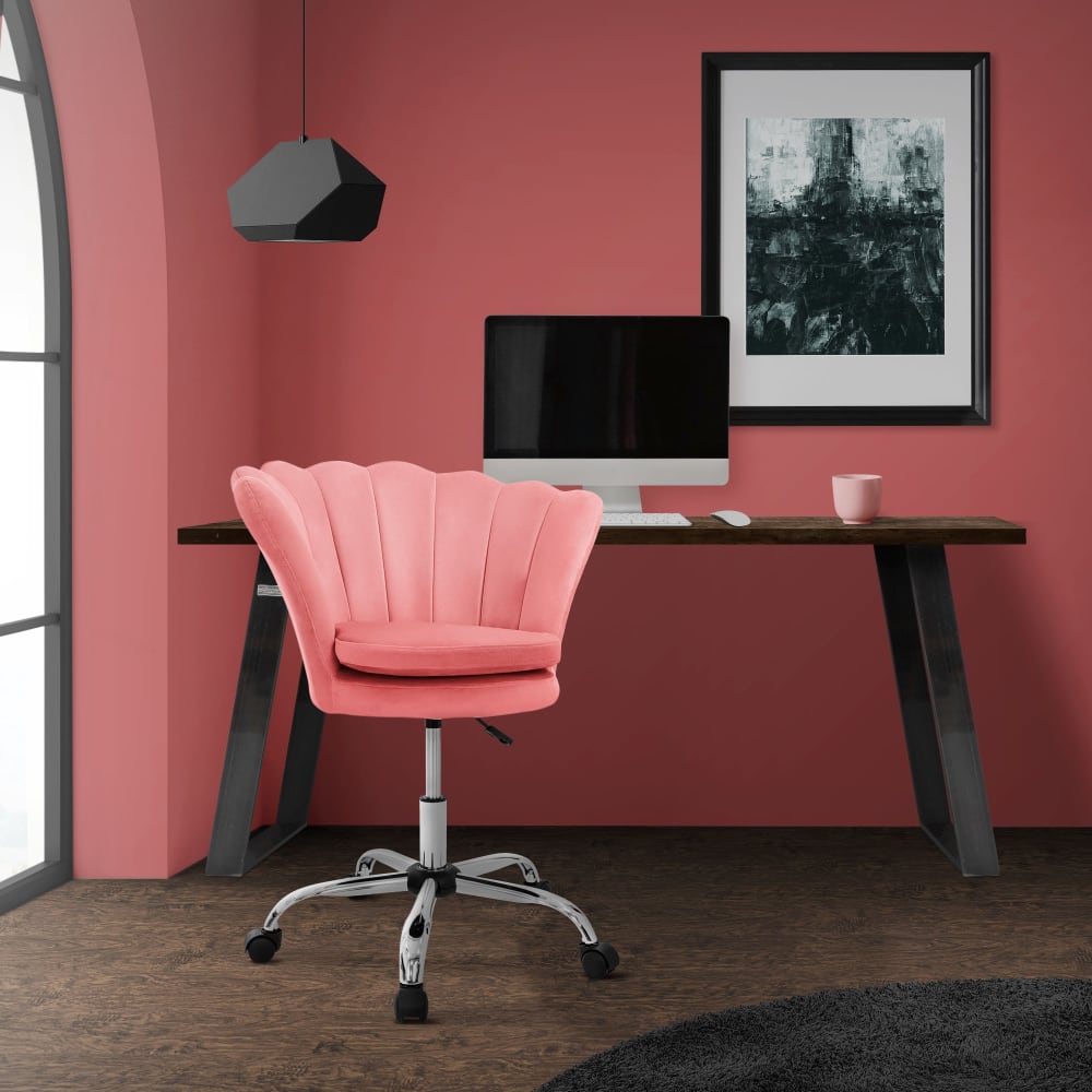 Bürostuhl Rosa Samt Metallgestell drehbar mit 5 Rollen