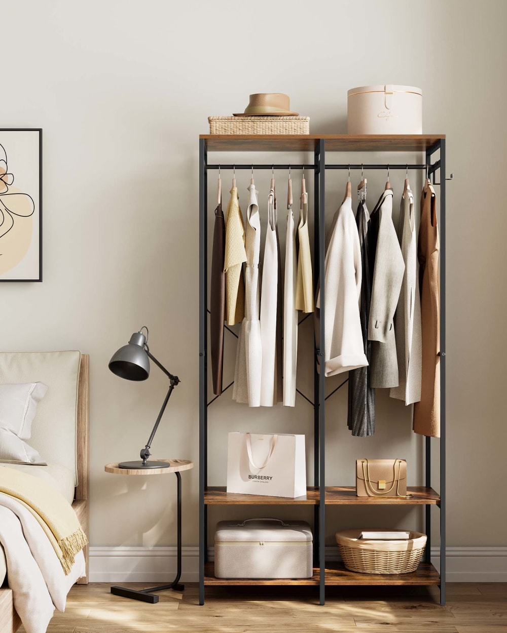 Armoire ouverte tringles étagères acier effet bois marron rustique