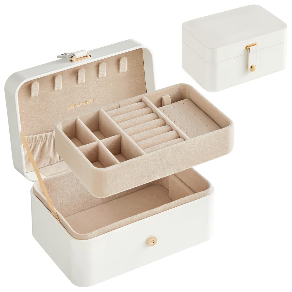 Boîte à bijoux de voyage à 2 niveaux portable 16 x 11 x 7.8 cm blanc Boîte à bijoux de voyage à 2 niveaux portable 16 x 11 x 7.8 cm blanc