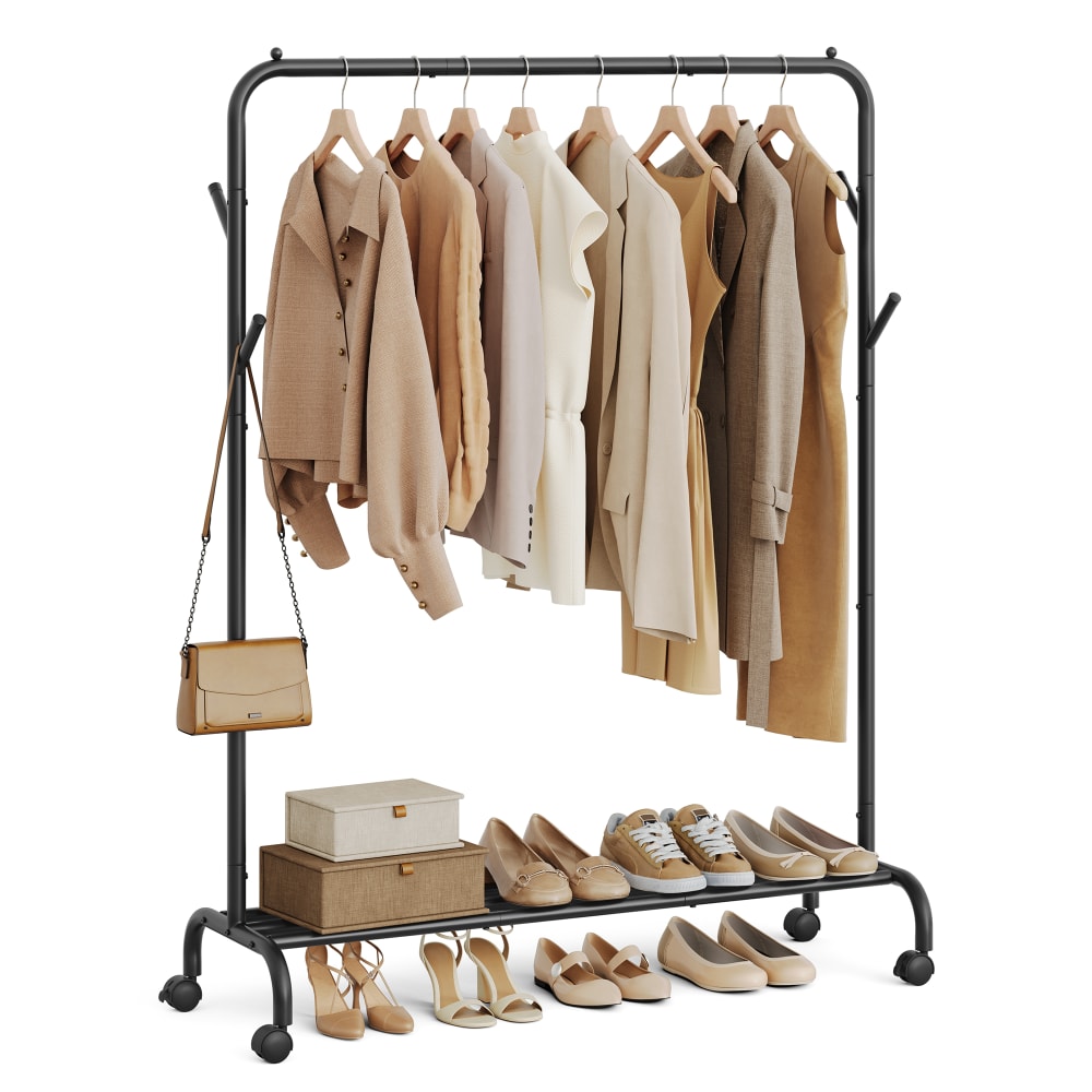 SONGMICS Portant à vêtements sur roulettes 1 barre en acier 50 kg noir style contemporain