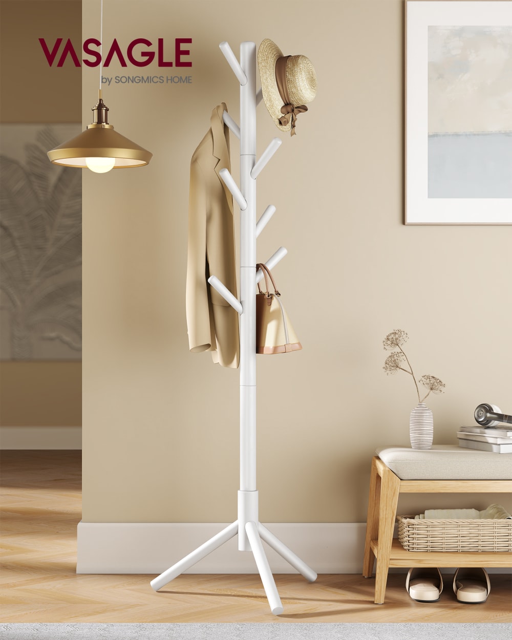 Porte-manteau sur pied en bois 46.3 x 40.3 x 174.5 cm blanc - Maisons du Monde