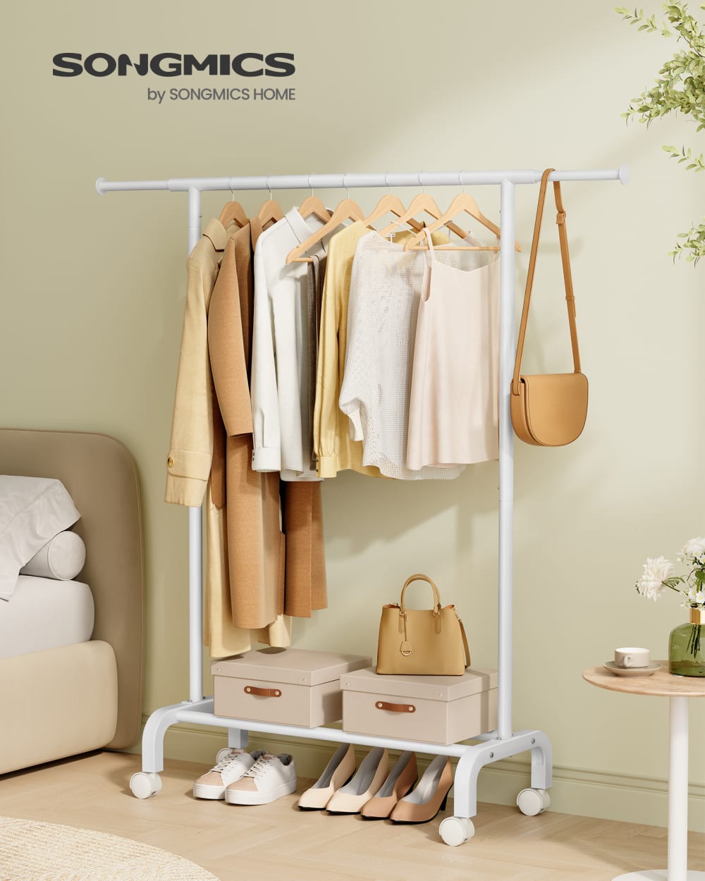 Porte-manteau à roulettes en acier 83-120 x 39 x 156 cm blanc