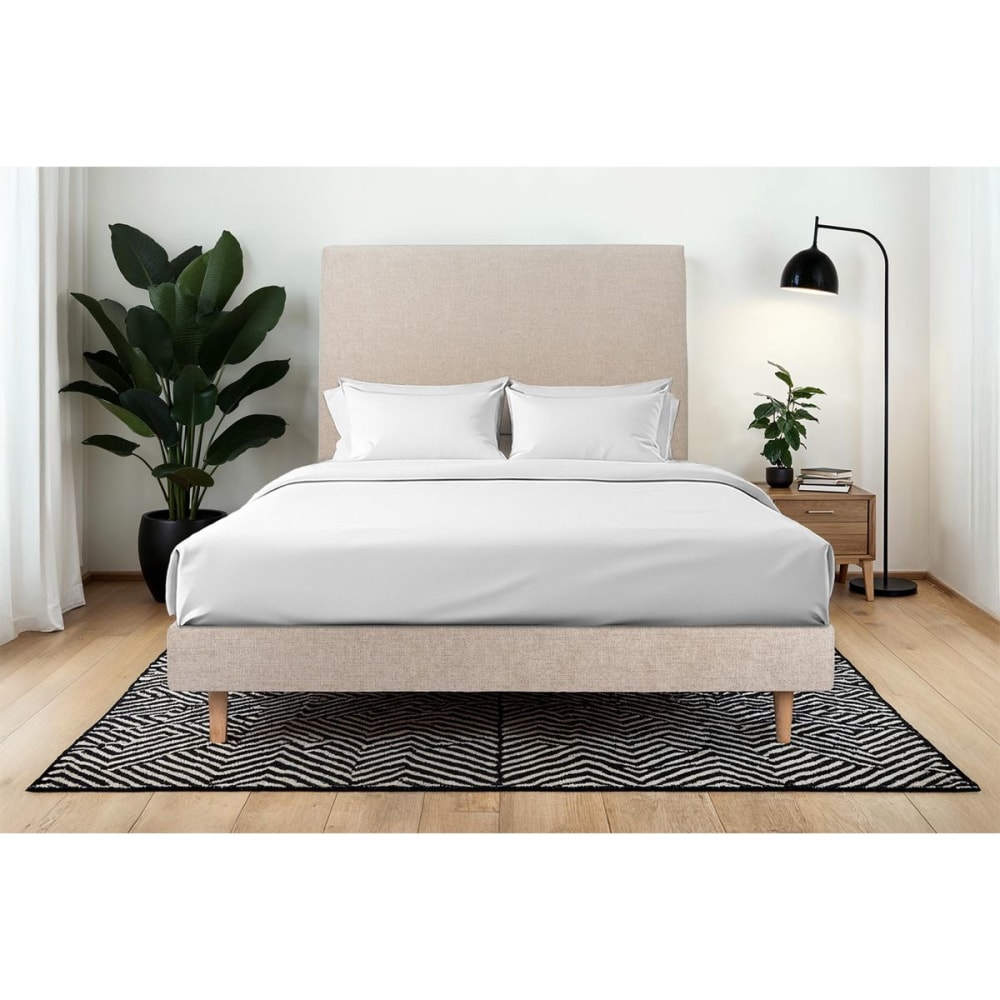 Lit avec tête de lit tapissier tissu et sommier kit beige brun 140x19 - Maisons du Monde